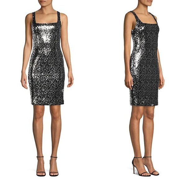 NWT Black Halo Lilo Sequin Sheath Dress Eclipse Black Silver Zodiac Sleeveless 8 - Picture 1 of 16